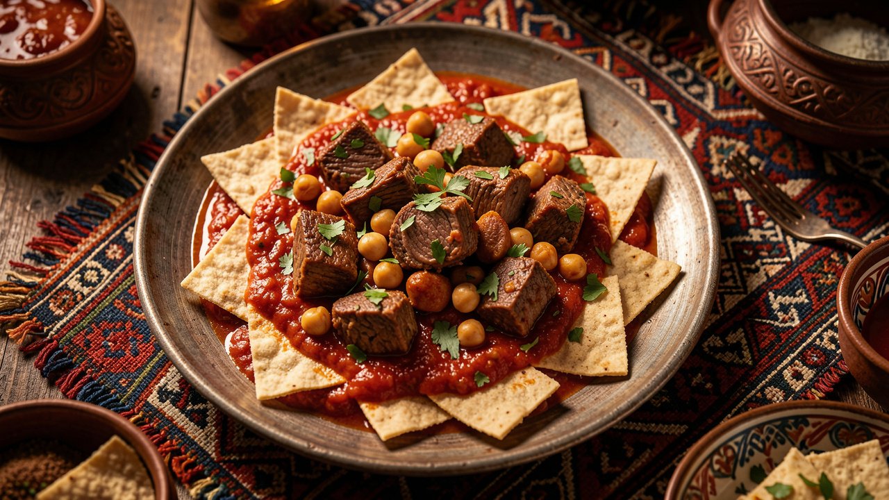 A platter of Algerian chakhchoukha: torn flatbread soaked in a spiced tomato sauce with lamb and chickpeas, topped with cilantro