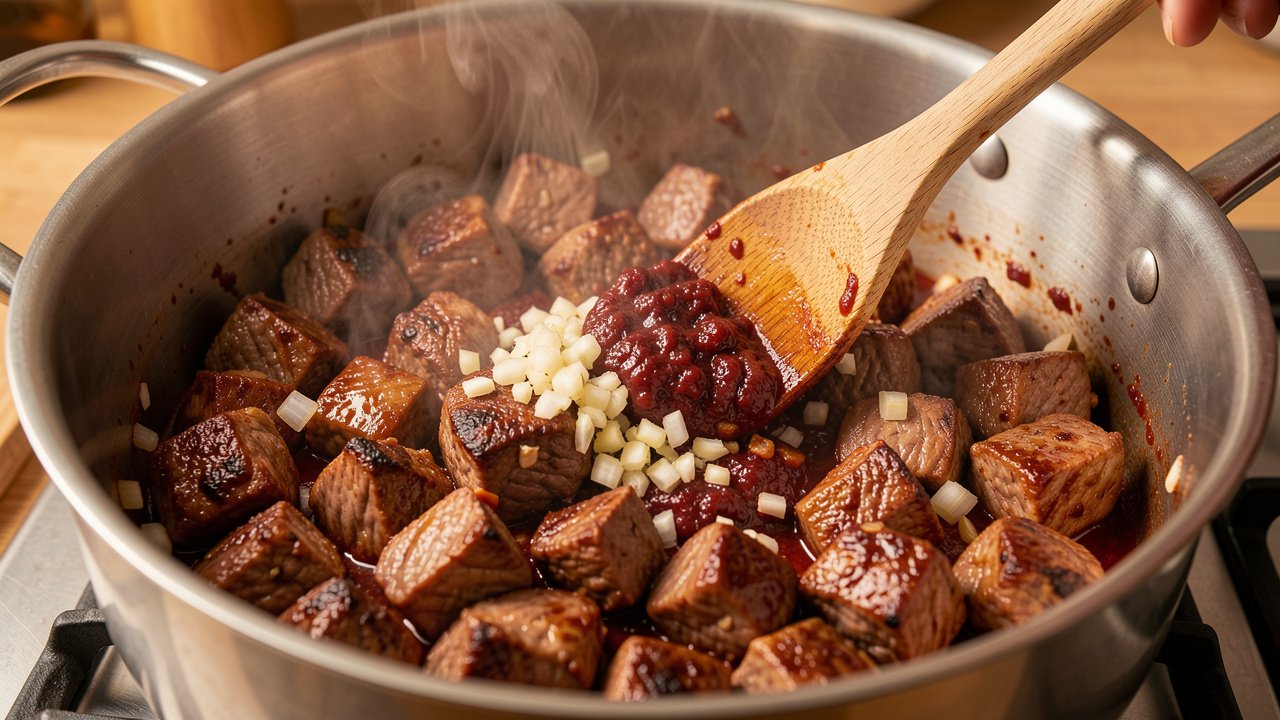 Lamb cubes browning with onion, garlic, and tomato paste in a large pot