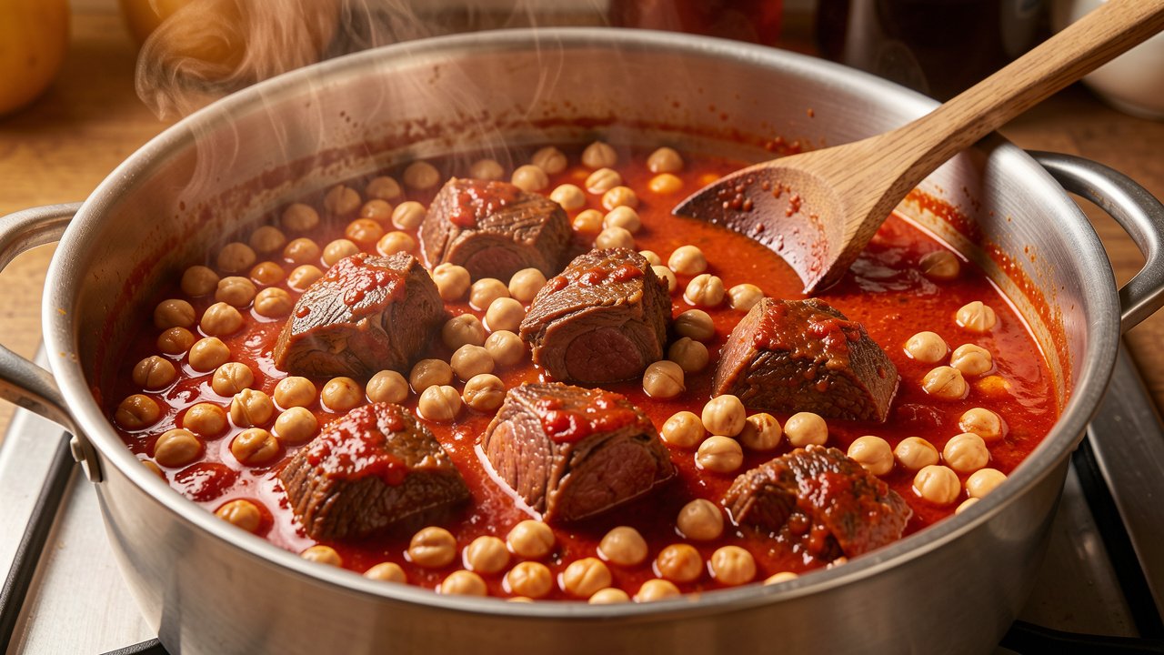 Chickpeas and tender lamb simmering in a deep red spiced tomato sauce in a large pot