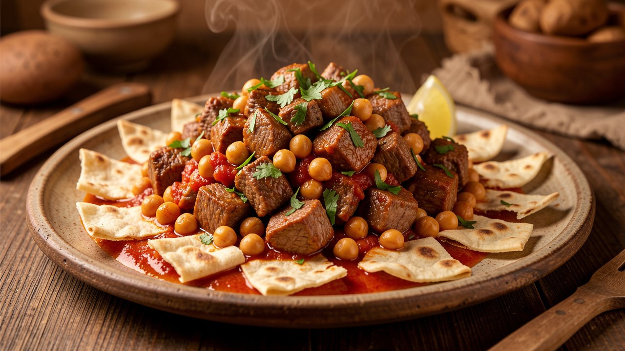 Finished chakhchoukha on a platter with torn bread, tender lamb, chickpeas, and cilantro