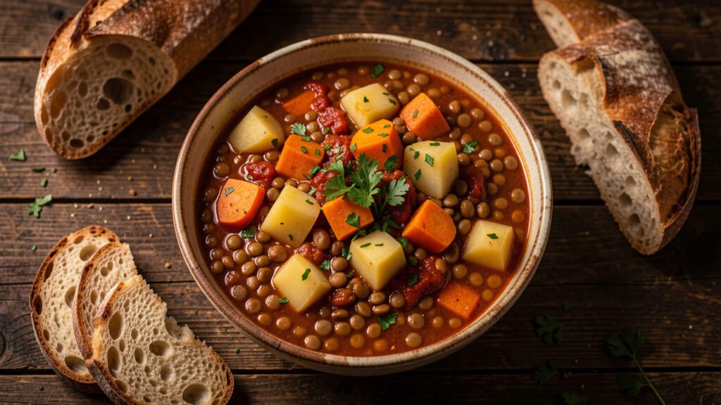 A rustic bowl of Argentine guiso de lentejas, a thick lentil stew with potato, sweet potato, carrot, and a smoky tomato-paprika base, with crusty bread