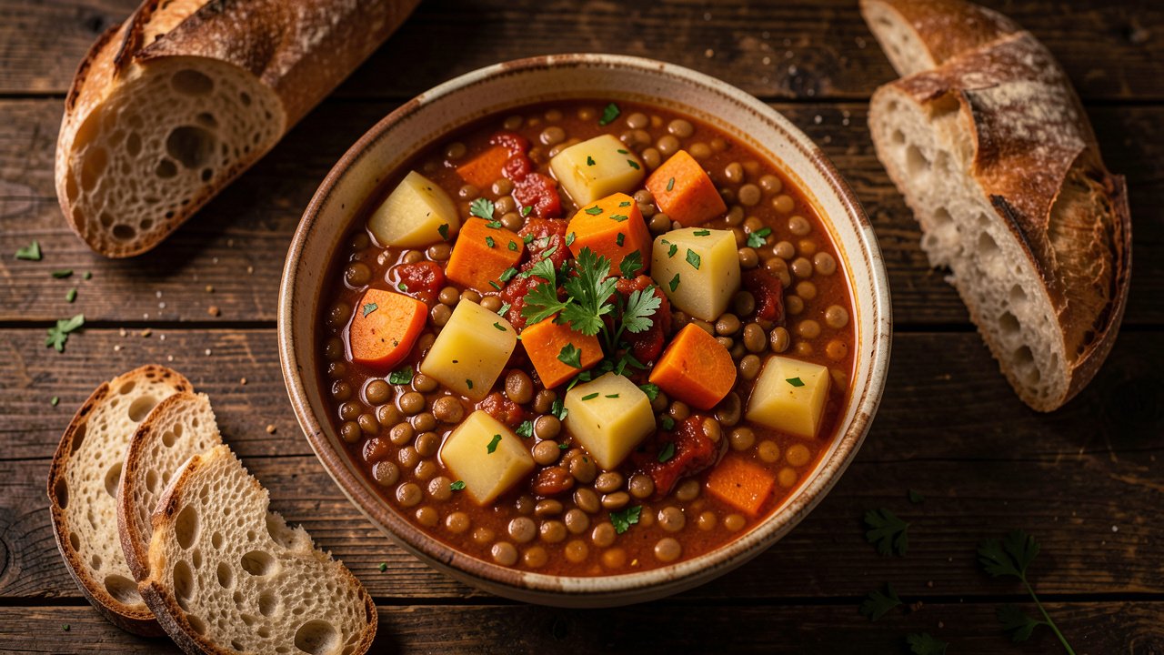 A rustic bowl of Argentine guiso de lentejas, a thick lentil stew with potato, sweet potato, carrot, and a smoky tomato-paprika base, with crusty bread