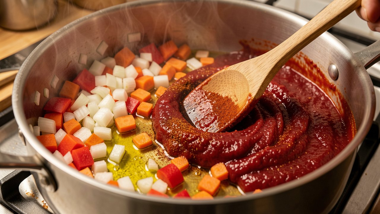 Diced onion, carrot, and red pepper softening in olive oil with tomato paste and smoked paprika stirred in, in a large pot