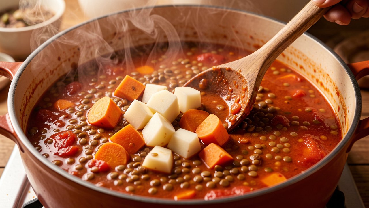 Cubed potato and sweet potato stirred into a thick simmering brown lentil stew in a large pot