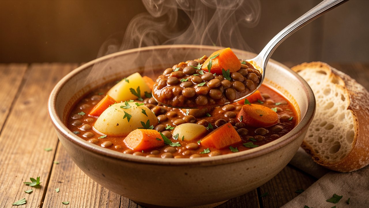 Finished guiso de lentejas in a wide bowl with potato, sweet potato, carrot, parsley, and crusty bread