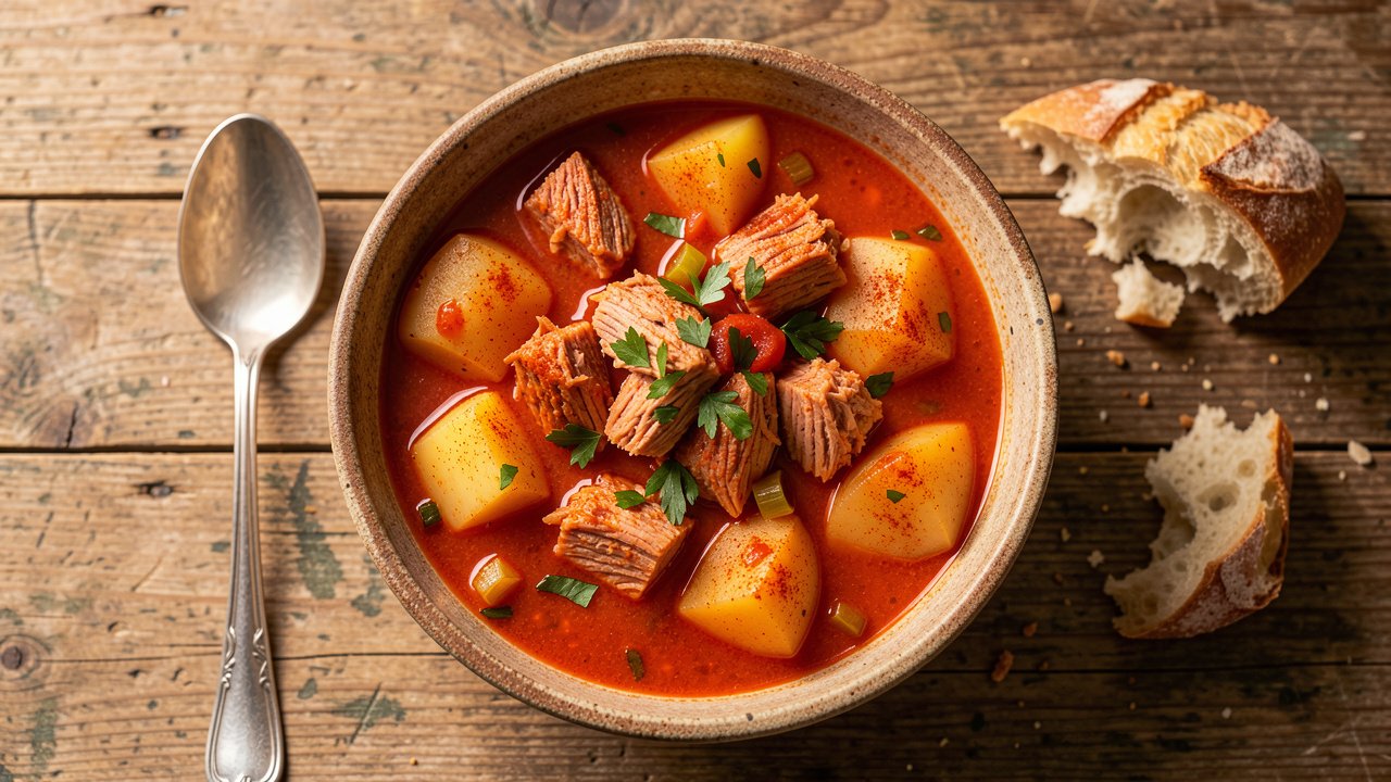 A rustic bowl of Basque marmitako tuna and potato stew in a smoky paprika broth with crusty bread