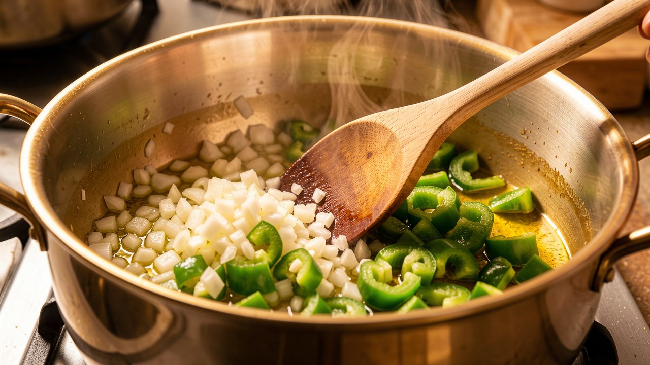 Chopped onion and green bell pepper softening in olive oil in a heavy pot