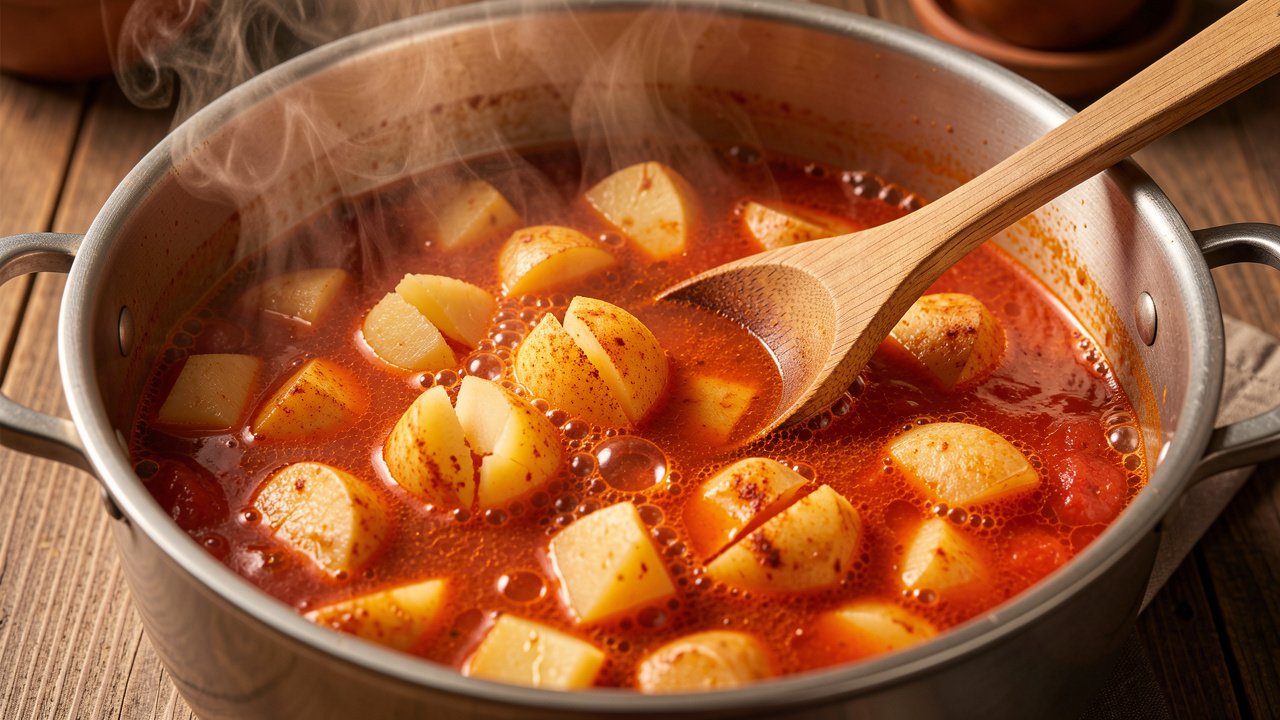 Cracked potato chunks simmering in a red smoked-paprika and tomato broth