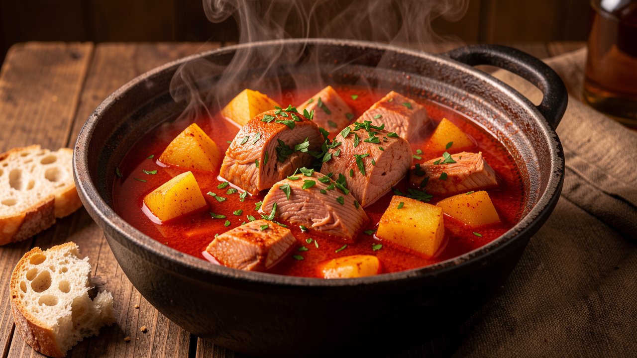 Finished Basque marmitako in a pot garnished with parsley, served with crusty bread