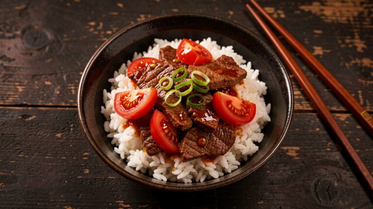A bowl of Cantonese tomato beef with tender beef and tomato wedges in a glossy sauce over steamed rice
