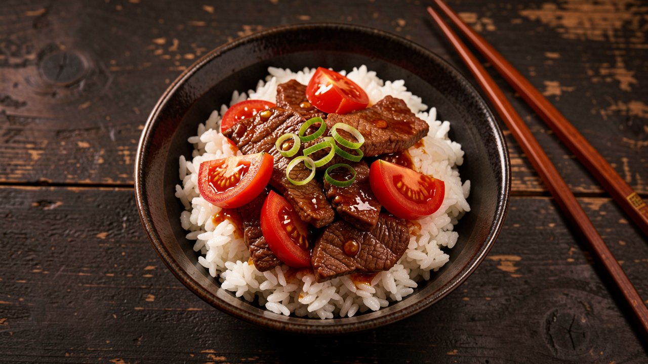 A bowl of Cantonese tomato beef with tender beef and tomato wedges in a glossy sauce over steamed rice