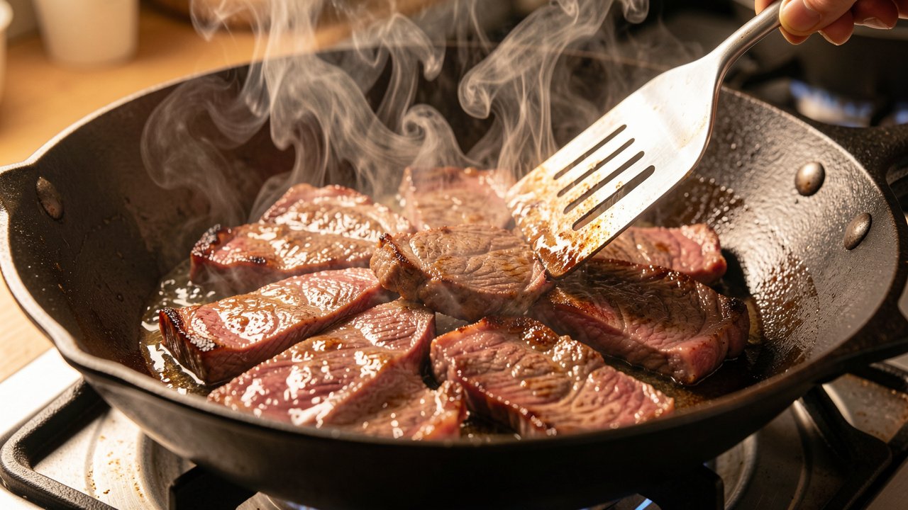 Thin slices of beef searing in a hot wok until browned