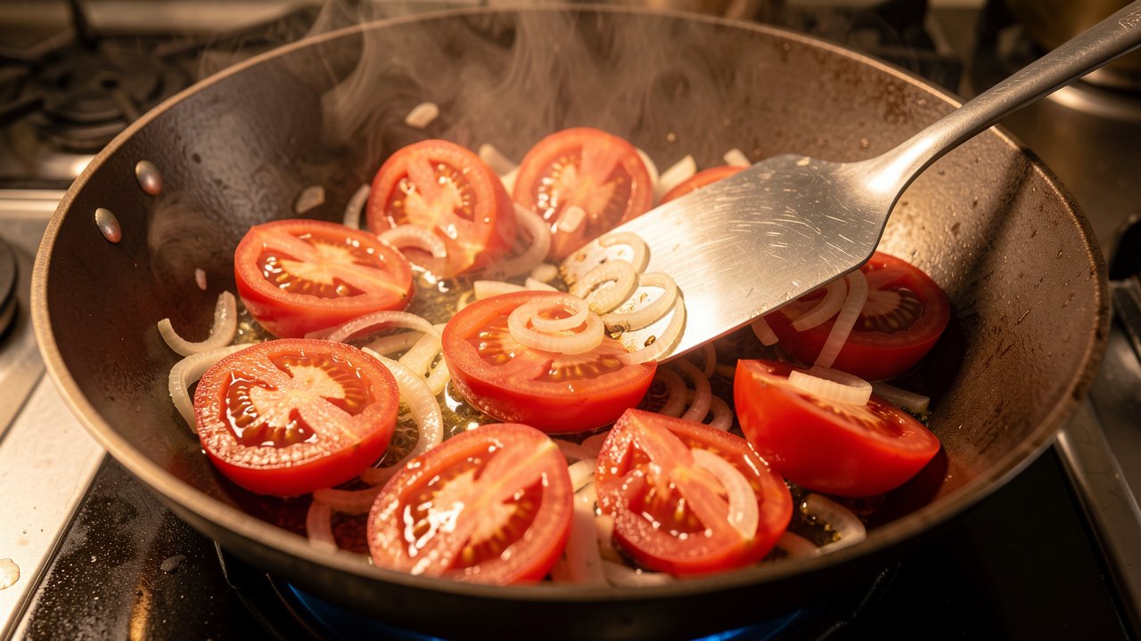 Tomato wedges softening with onion in a wok and releasing their juice