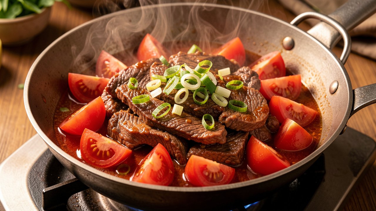 Finished Cantonese tomato beef in a wok garnished with scallions