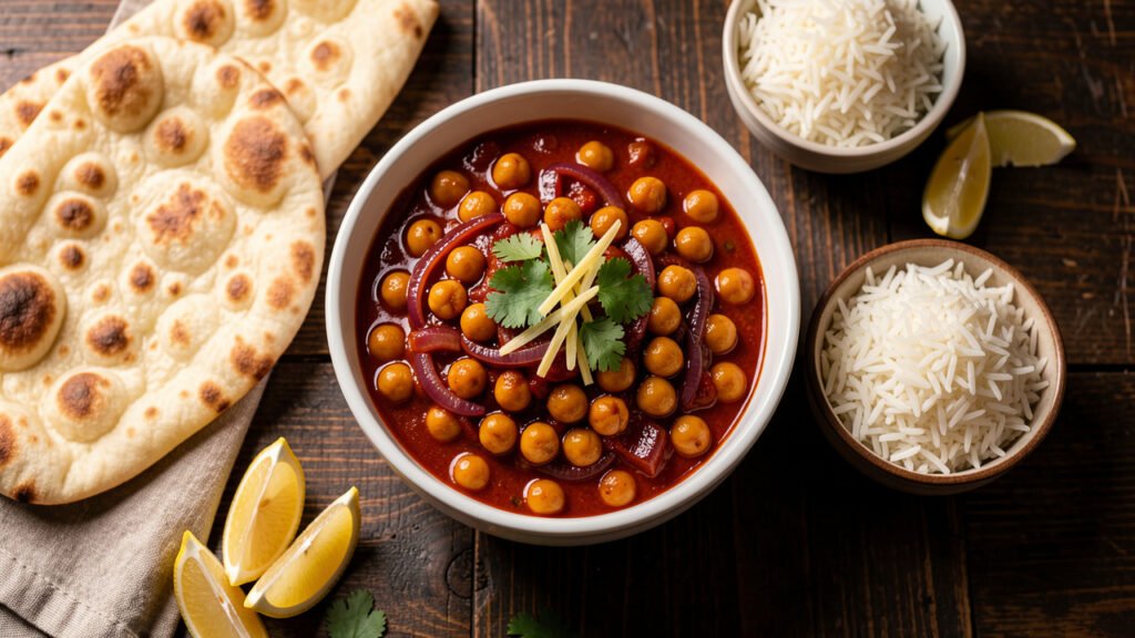 A bowl of chana masala, chickpeas in a spiced tomato gravy, garnished with cilantro and served with naan