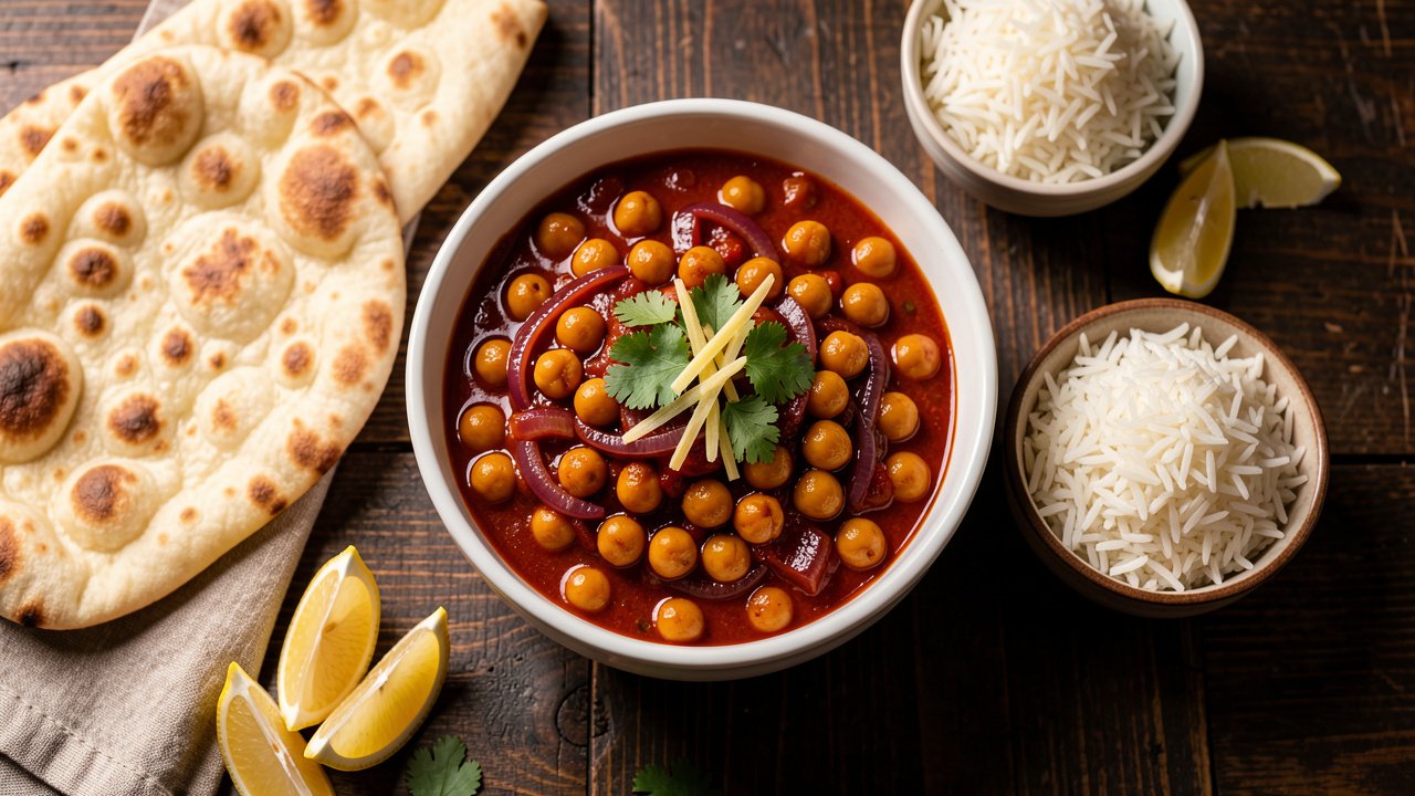 A bowl of chana masala, chickpeas in a spiced tomato gravy, garnished with cilantro and served with naan