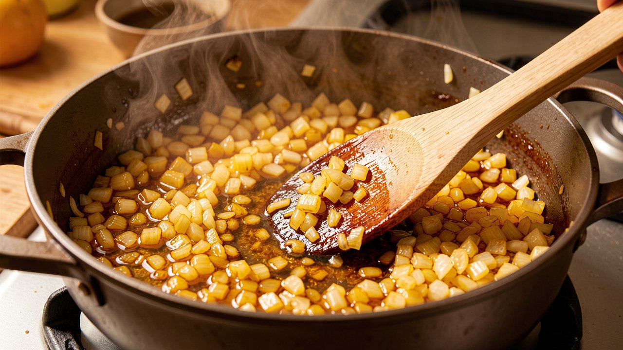 Chopped onions browning to golden in oil in a heavy pot