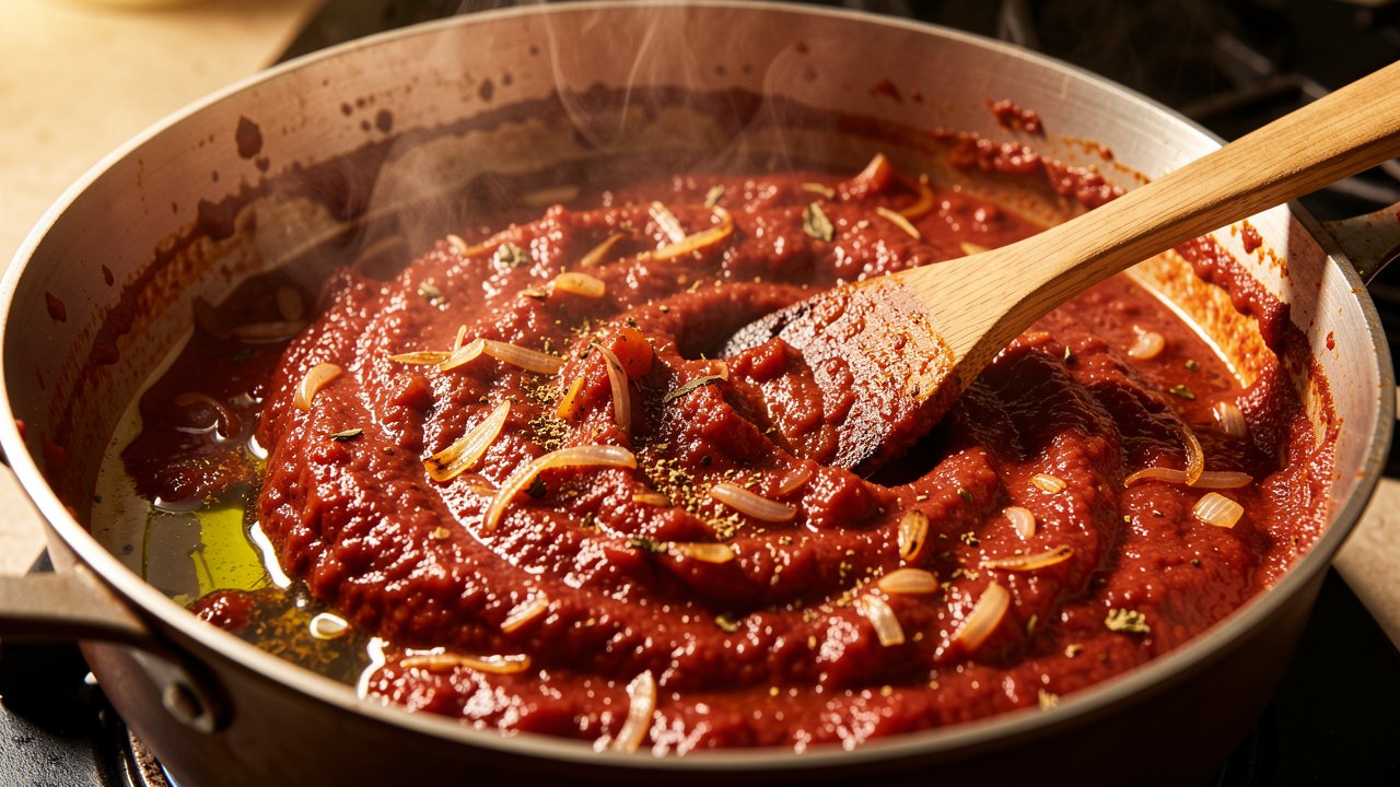 Pureed tomatoes cooking down with onions and spices into a thick masala with oil separating