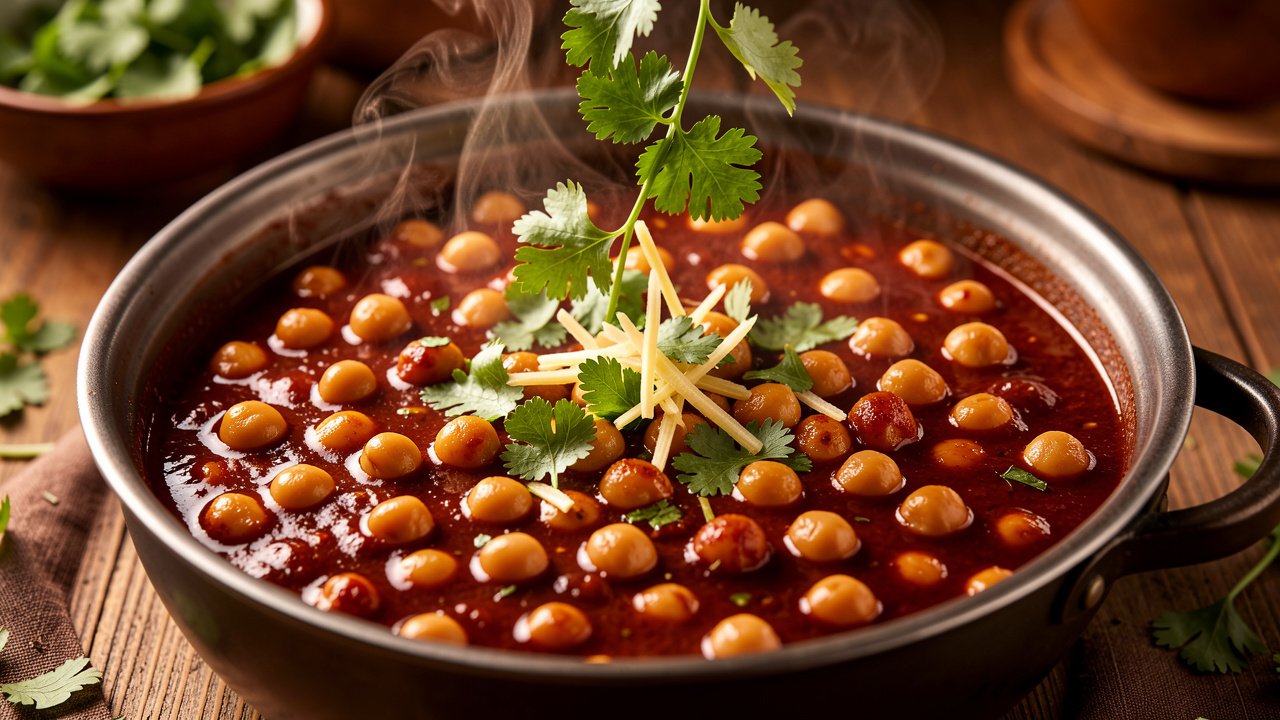 Finished chana masala in a pot garnished with cilantro and slivered ginger