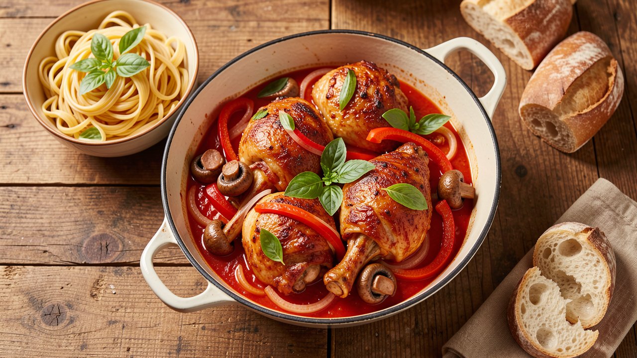 Chicken cacciatore with bone-in chicken thighs braised in tomato sauce with peppers and mushrooms, served with pasta and bread