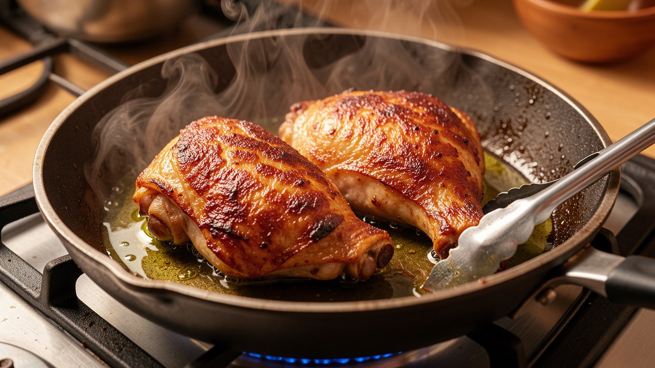 Bone-in chicken thighs searing skin-side down to deep golden in a skillet