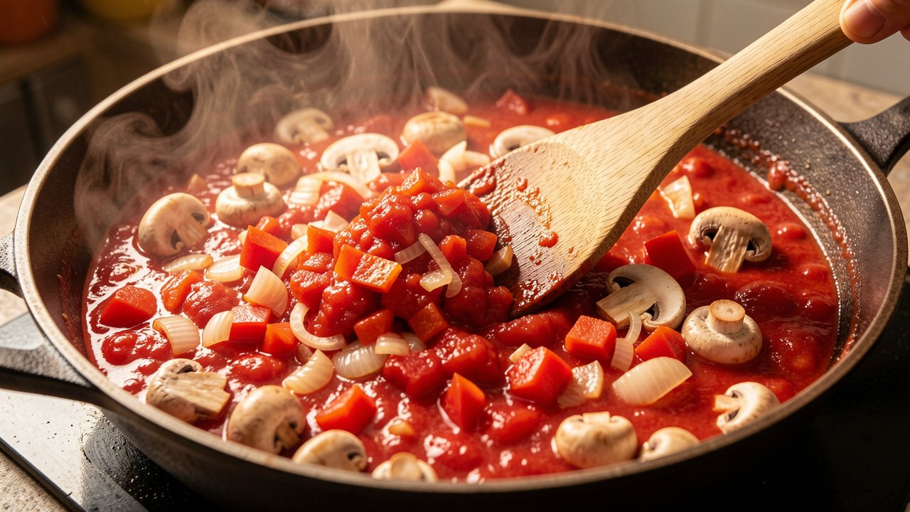 Crushed tomatoes stirred into onion, pepper, and mushrooms to build the cacciatore sauce