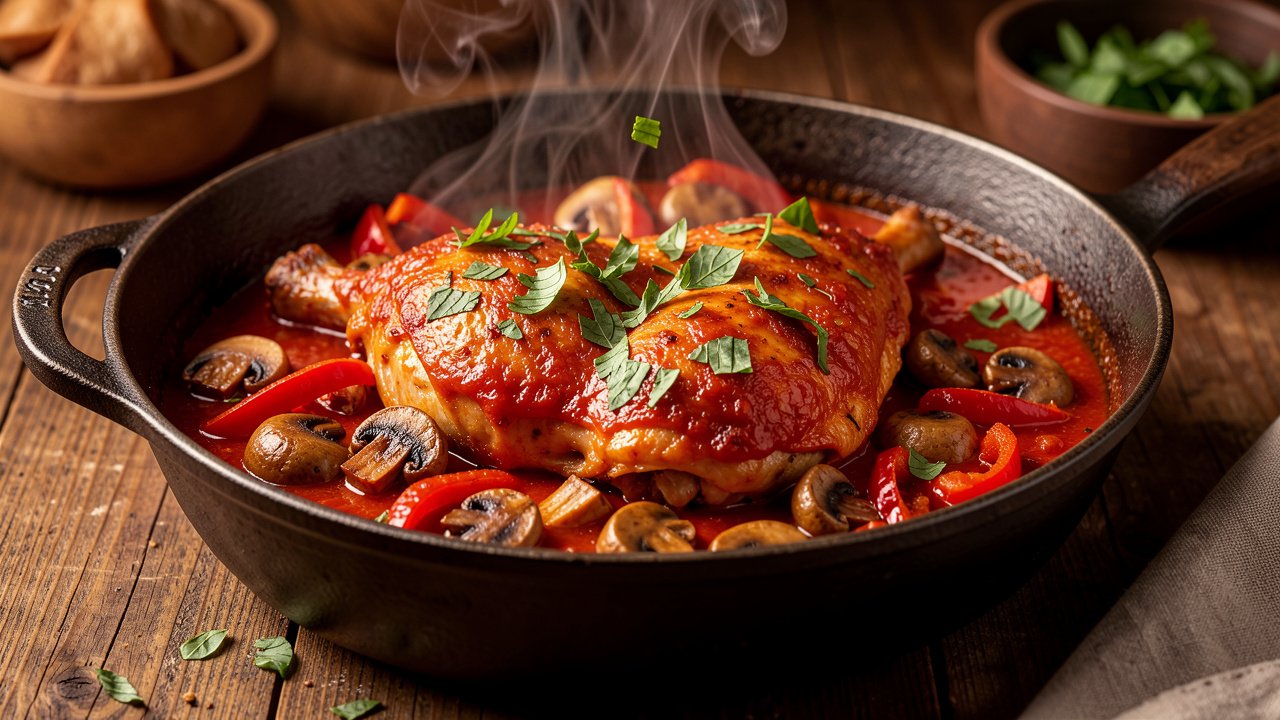 Finished chicken cacciatore in a pan garnished with fresh basil