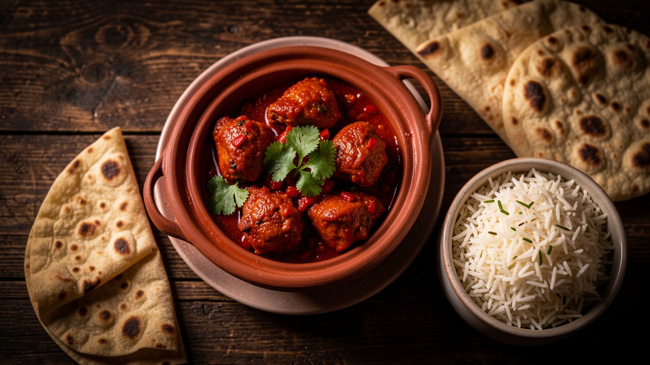 A bowl of Goan chicken vindaloo in a deep red tomato and chili sauce, served with rice and bread