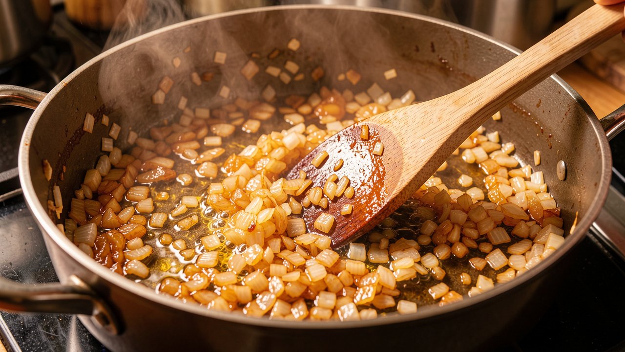 Chopped onions frying to deep golden brown in oil in a heavy pot