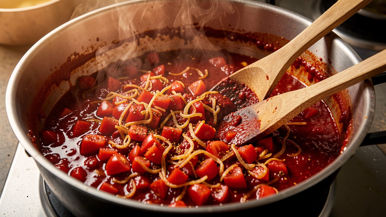 Tomatoes cooking down with onions and spices into a thick dark red masala in a pot