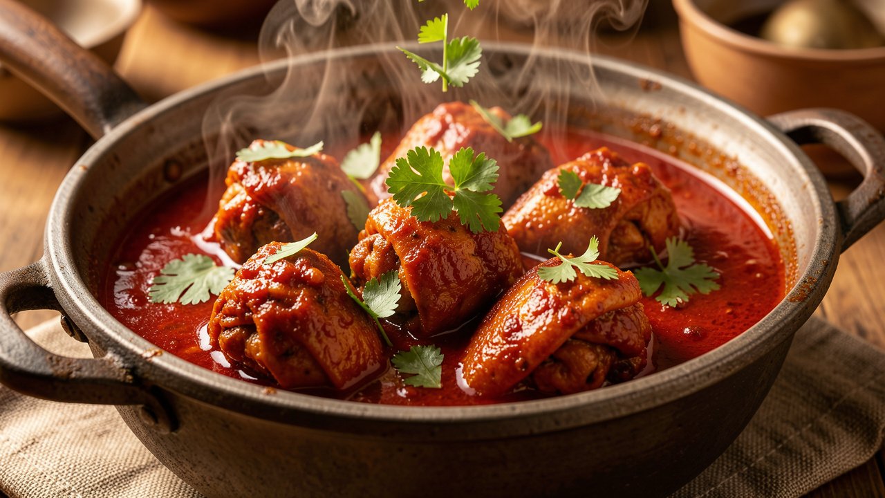 Finished chicken vindaloo in a pot garnished with fresh cilantro