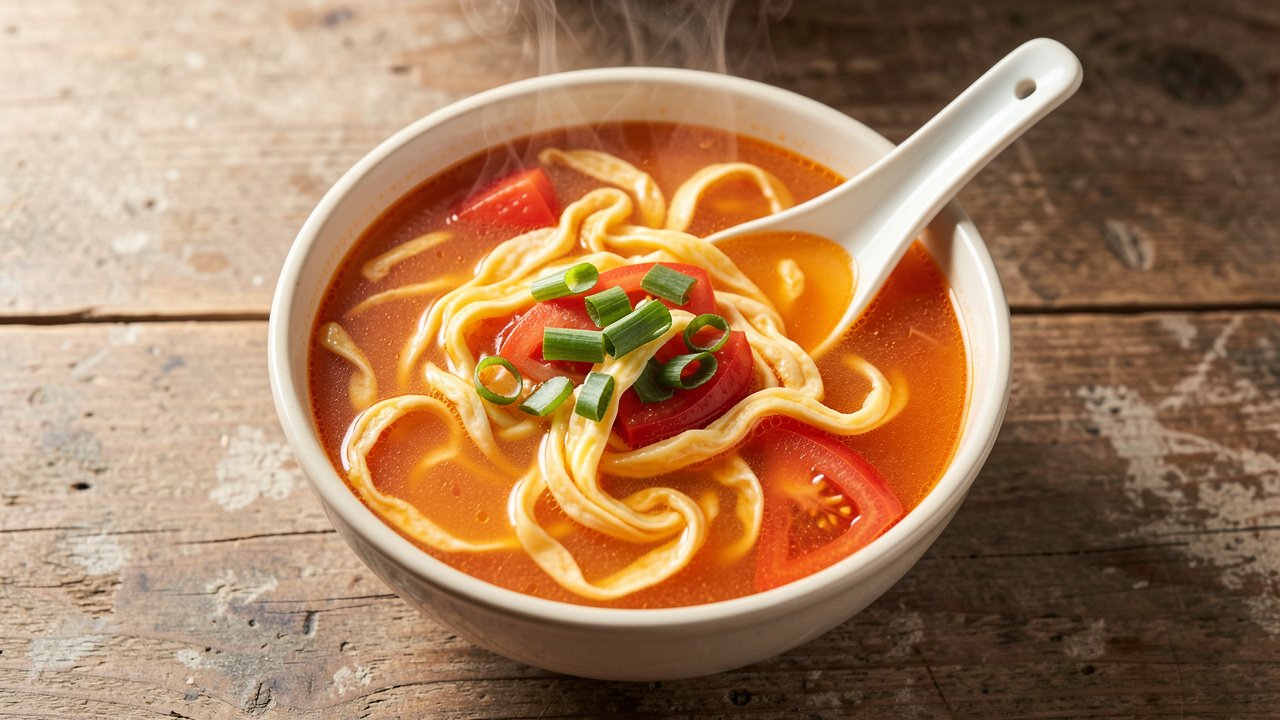 A bowl of Chinese tomato egg drop soup with silky egg ribbons, tomato pieces, and sliced scallions