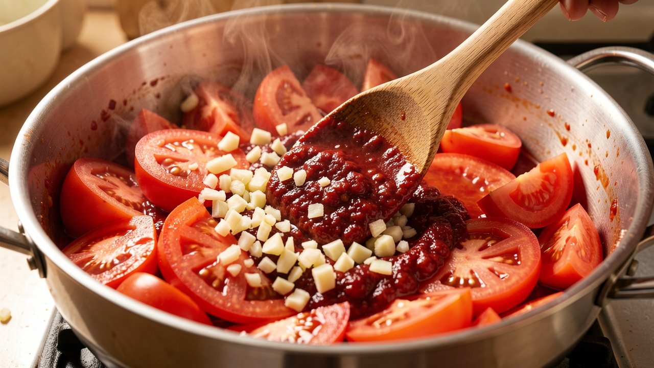 Tomato wedges cooking down with garlic, ginger, and tomato paste in a pot