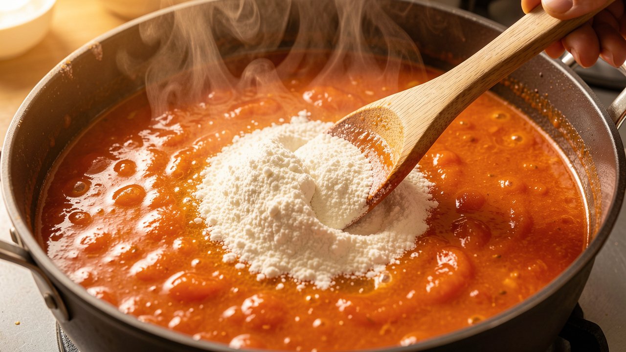 Cornstarch slurry being stirred into a simmering tomato broth to thicken it
