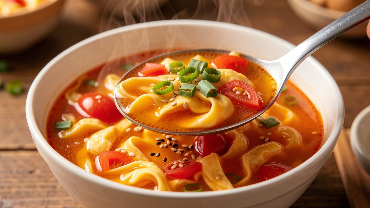 Finished tomato egg drop soup in a bowl with egg ribbons, tomato, and sliced scallions