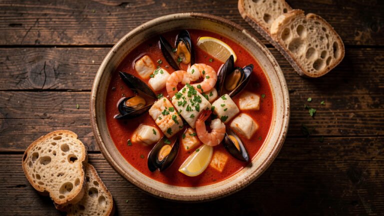 A rustic bowl of San Francisco cioppino seafood stew in red tomato broth with fish, shrimp, mussels, clams, and crusty bread