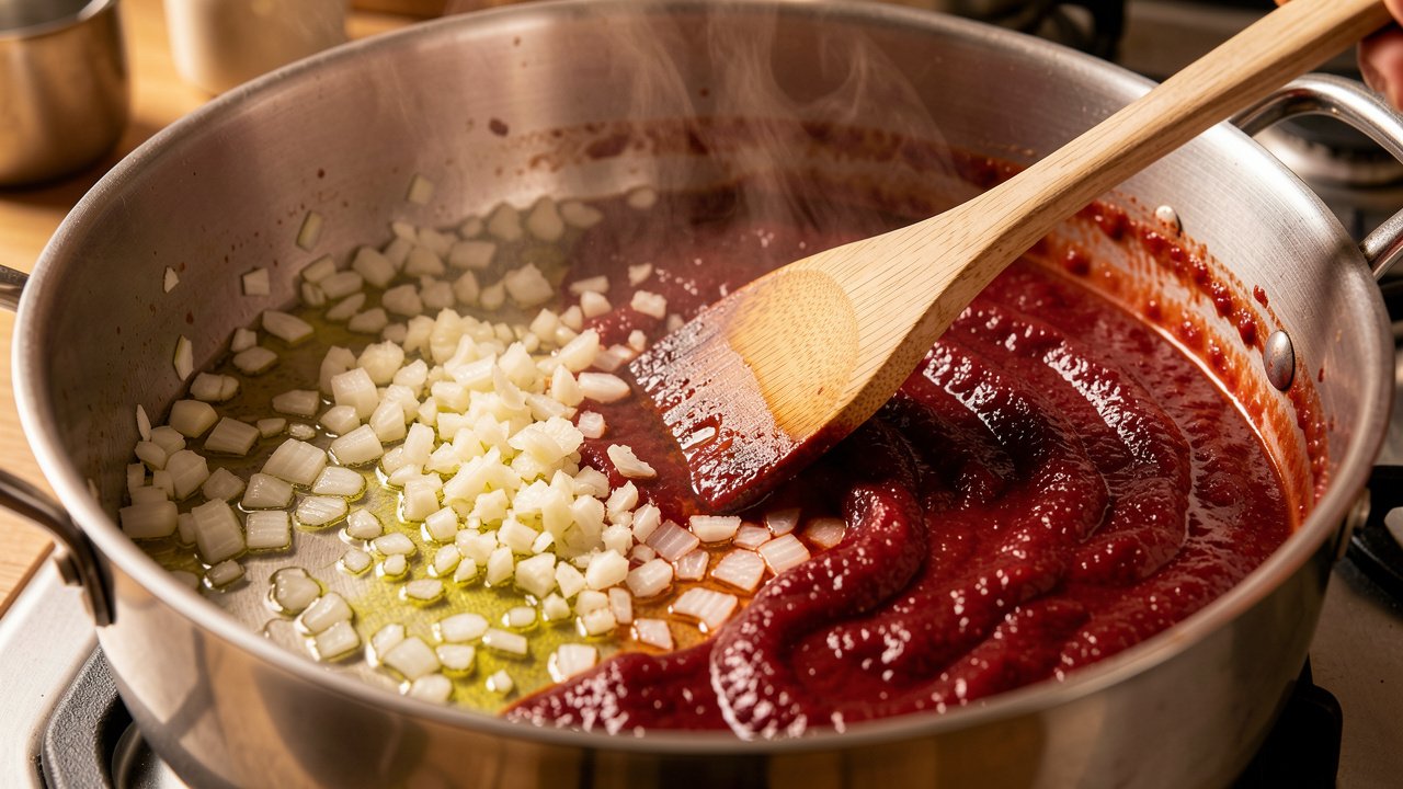Onion and garlic softening in olive oil with tomato paste stirred in, in a large pot