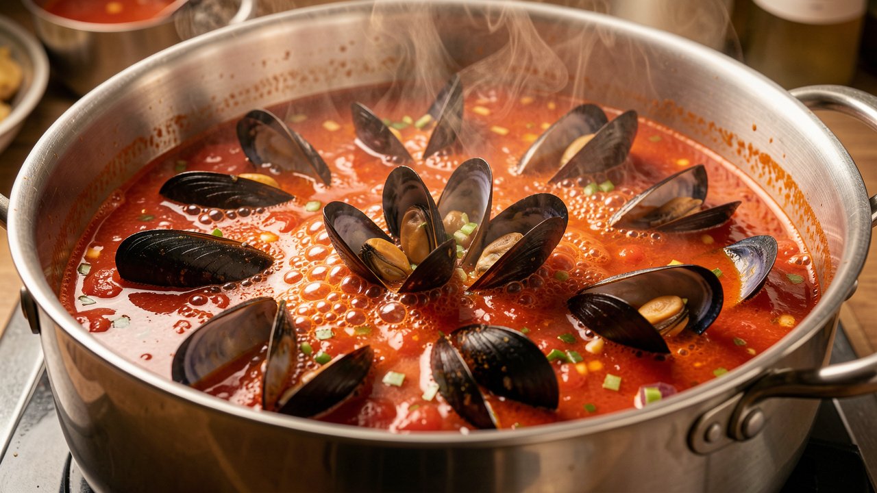 Mussels and clams opening in a bubbling red tomato broth in a large pot