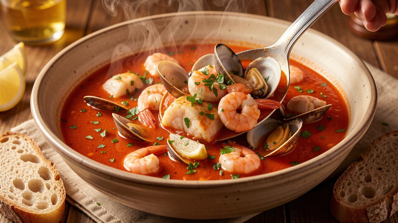 Finished cioppino in a wide bowl with fish, shrimp, mussels, clams, parsley, and crusty bread