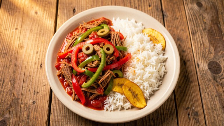 A plate of Cuban ropa vieja shredded beef in tomato and pepper sauce served over white rice with plantains