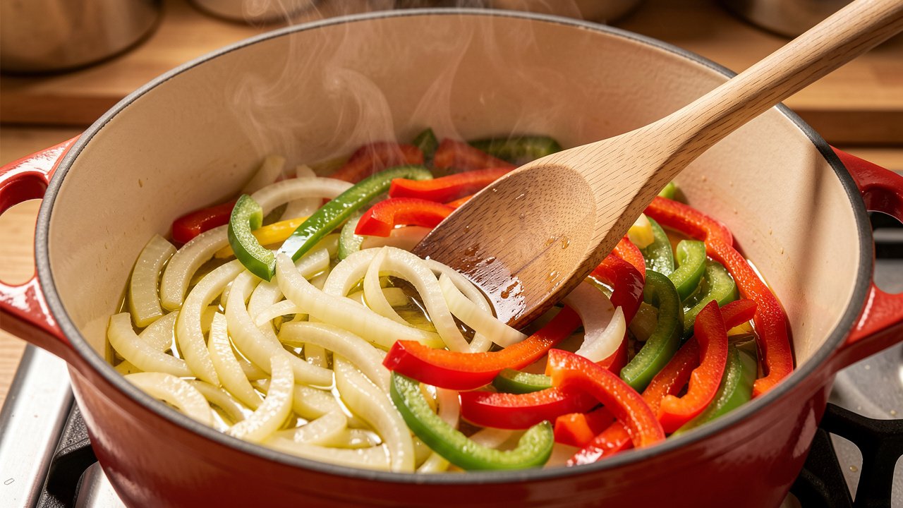 Sliced onion and green and red bell peppers softening in olive oil in a Dutch oven