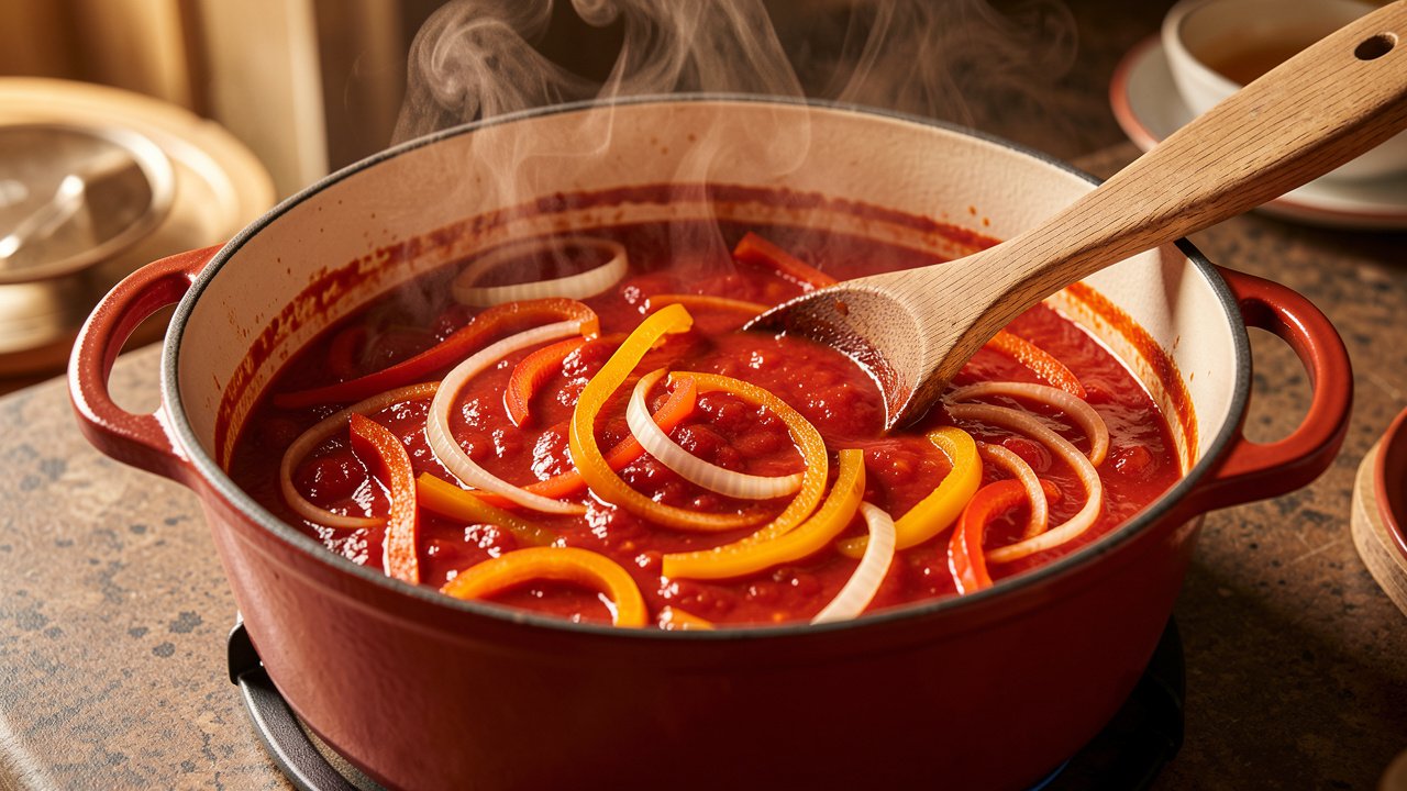 A thick red tomato and pepper sauce simmering in a Dutch oven
