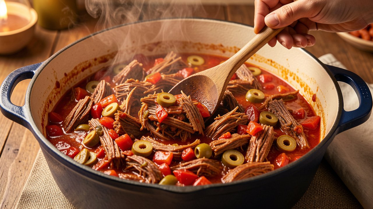 Finished Cuban ropa vieja with shredded beef and olives in a Dutch oven