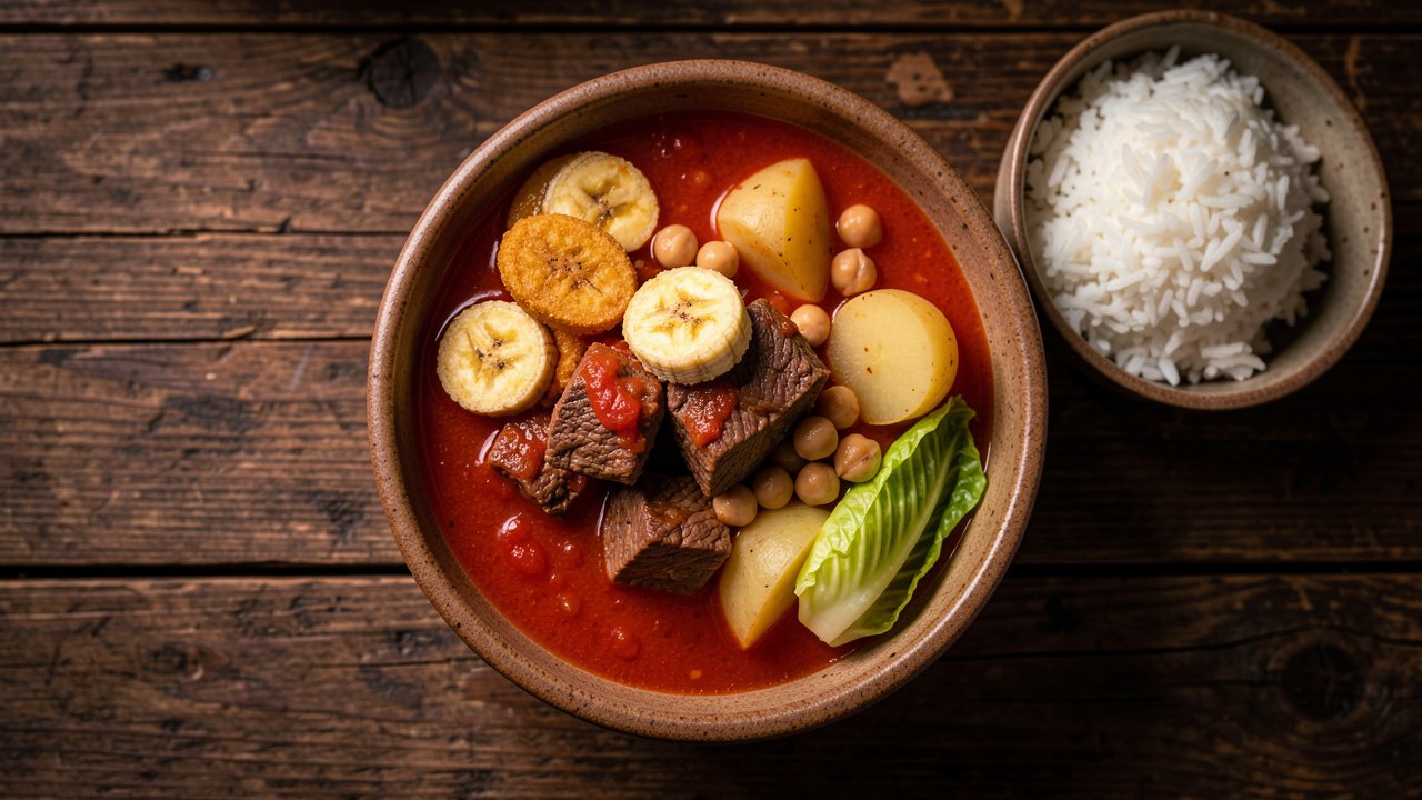 A rustic bowl of Filipino pochero with beef, fried saba banana, chickpeas, potato, and cabbage in tomato broth with rice