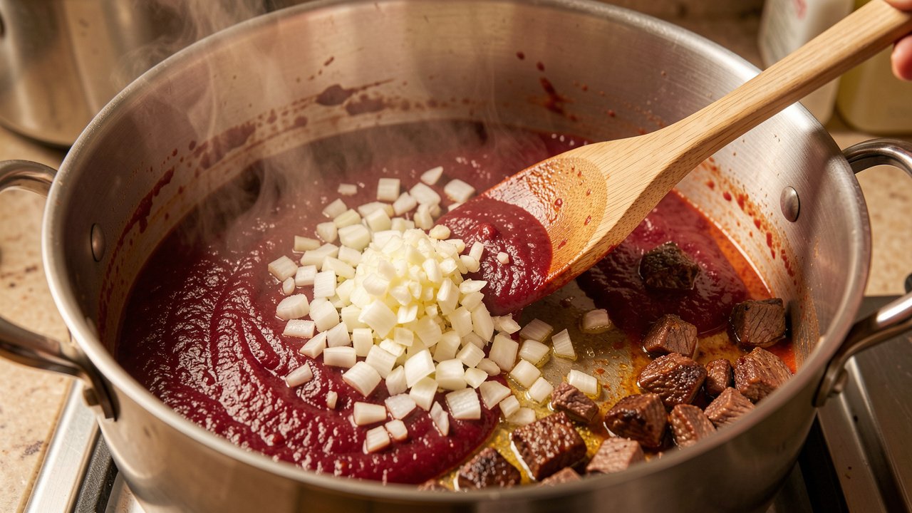 Onion and garlic softening in oil with tomato paste stirred into a pot with browned beef bits