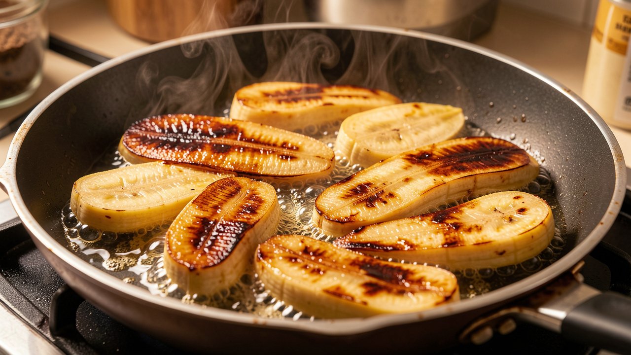 Halved saba bananas frying in a pan with golden caramelized cut sides
