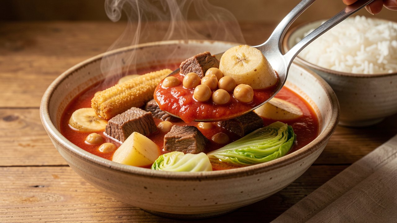 Finished Filipino pochero in a wide bowl with beef, saba banana, chickpeas, potato, and cabbage, with rice