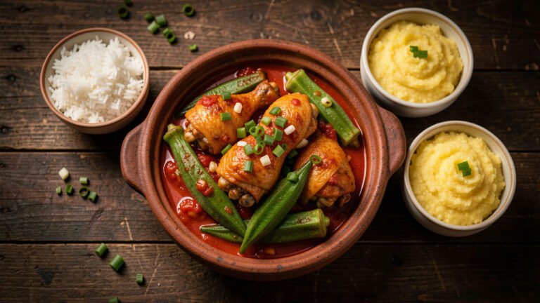 A rustic pot of Brazilian frango com quiabo, braised chicken in garlicky tomato sauce with whole okra pods, rice and angu beside it
