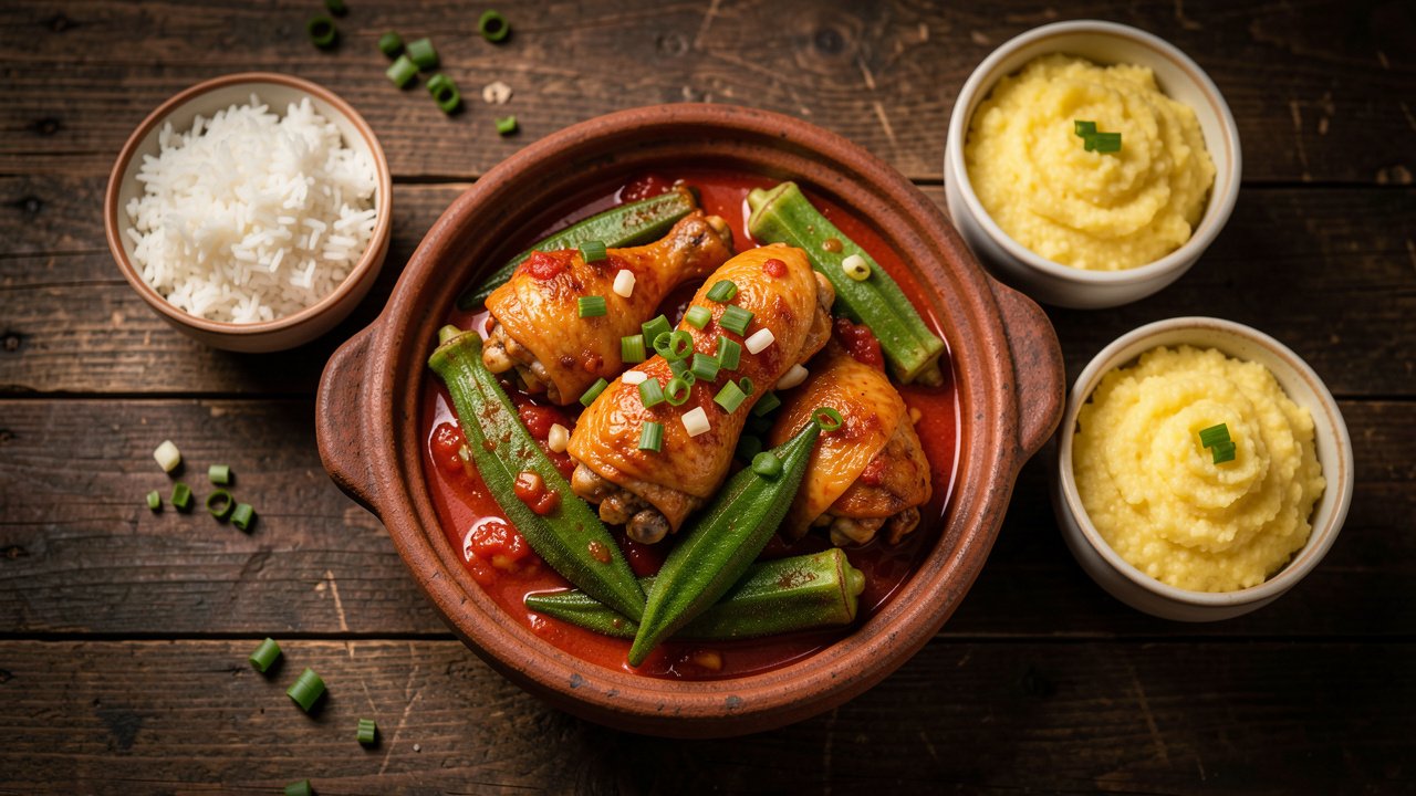 A rustic pot of Brazilian frango com quiabo, braised chicken in garlicky tomato sauce with whole okra pods, rice and angu beside it