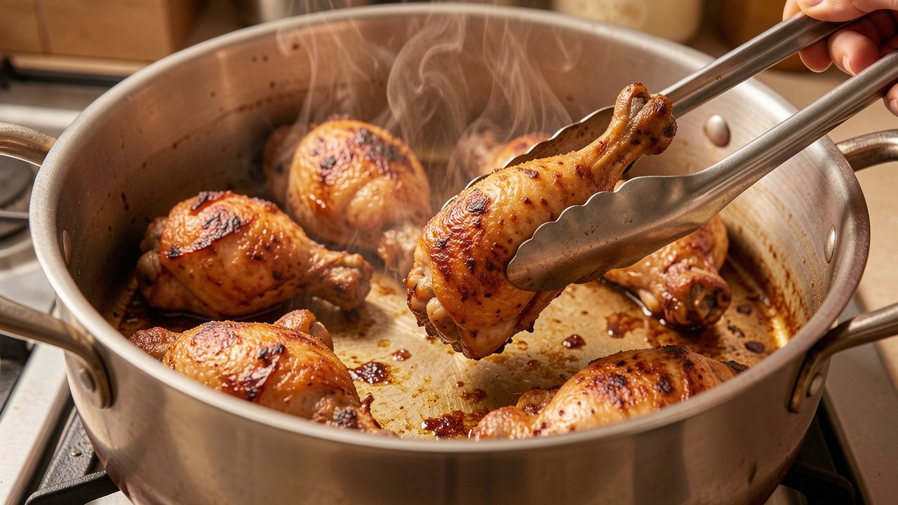 Bone-in chicken pieces browning deeply in oil in a large pot